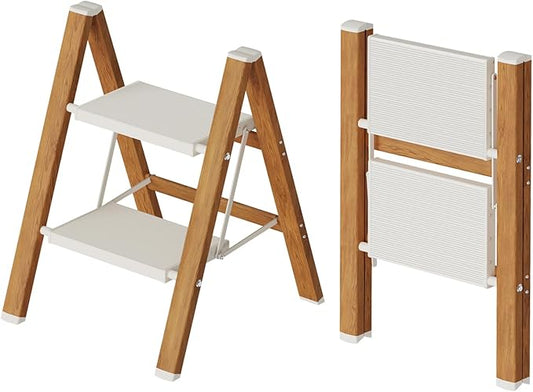 Mayi Plus 2 Step Stool Foldable, Aluminum, Lightweight Step Ladder | Extra-wide anti-slip folding steps with 330 lbs, for home,kitchen,office,outdoor,White & Woodgrain