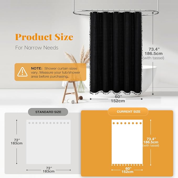 60x72 Boho Farmhouse Linen Heavy Duty Fabric Shower Curtain Set, Black | Narrow Size, 330GSM Linen Blend, 3-side Tassels, Water Repellent Cloth, 10 Plastic Hooks, Rustic Bohemian, Machine Washable