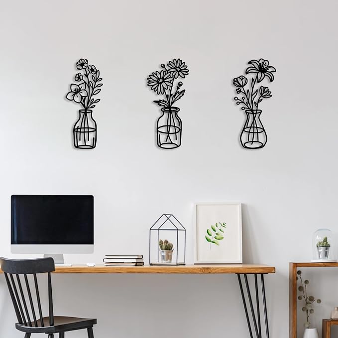 3 Pcs Metal Flowers Wall Arts,Black Metal Vase Wall Art,Iron Art Painting,Rustic Farmhouse Decor Minimalist Flower Decor for Bedroom Bathroom Living Room Dining Room(Black, Vase-A)