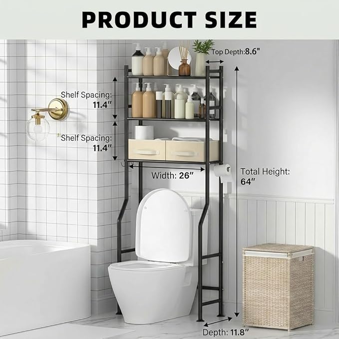 GloTika 3-Tier Over Toilet Storage, Anti-Tilt, 64" H, Black, 2 Baskets | Anti-Tilt Safety System, 150lb Capacity, Carbon Steel, Freestanding, No Drilling, Anti-Rust Coating, Paper Holder & 4 Hooks