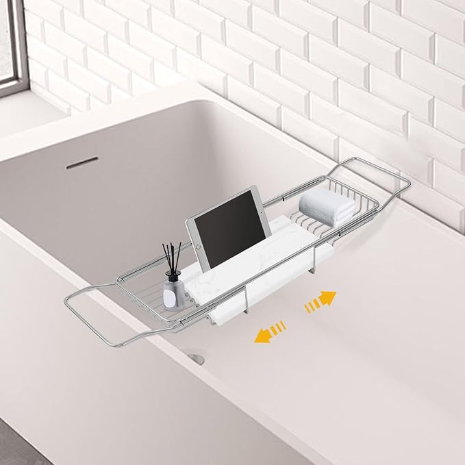 Stainless Steel Bathtub Tray, Expandable Marble Bath Tray for Tub, 44.09 lbs Capacity Bath Caddy for Bathtub Bathroom Accessories for Home Spa (Silver+White)