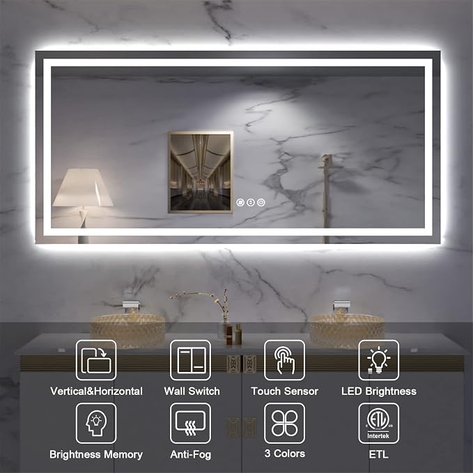 LED Mirror for Bathroom, 72"x40" with Front Light and Backlight | Stepless Dimmable, Anti-Fog, Shatter-Proof, HD Reflection, Memory, 3 Colors Lighting, UL Listed (Horizontal/Vertical).