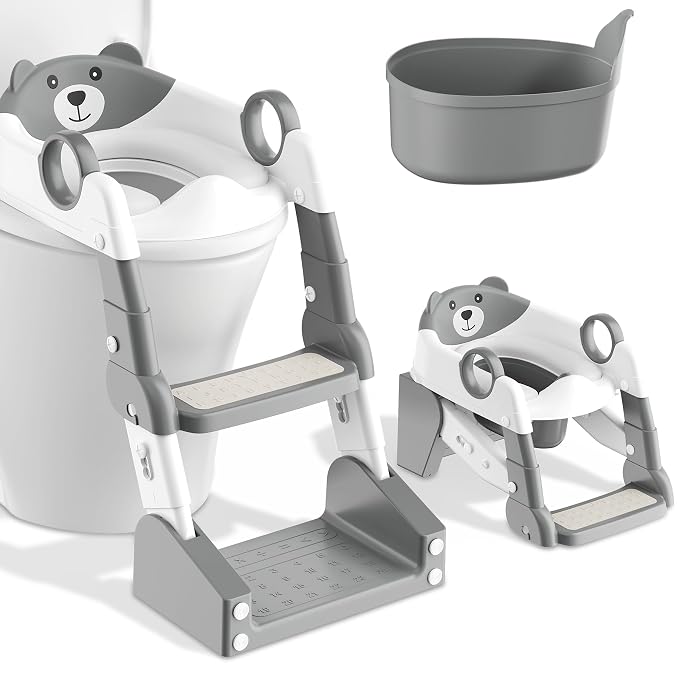 Potty Training Seat, 2-in-1 Toddler Toilet Training Seat & Potty Chair for Kids Boys Girls, Height Adjustable Toilet Seat with Splash Guard, Stable Wide Base Design, Anti-Slip Steps Stool