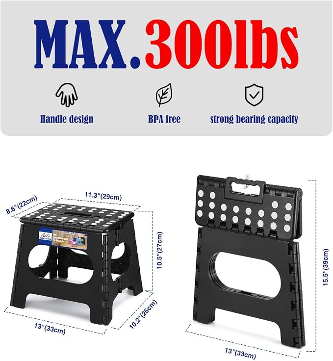 ACKO 11" Folding Step Stool for Kids, Non-Slip Foldable Step Stools, Black | Heavy Duty Collapsible Foot Stool, Lightweight with Built-in Handle, Holds 300 lb for Adults Kitchen Bathroom Bedroom Outdoor