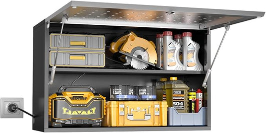 Garage Wall Cabinet, Metal Tool Cabinet with Lock&Adjustable Shelf | 20"H Wall Mounted Garage Storage Cabinets with Up-Flip Door, Steel Float Locker for Basement, Workshop, Kitchen, Black-silver