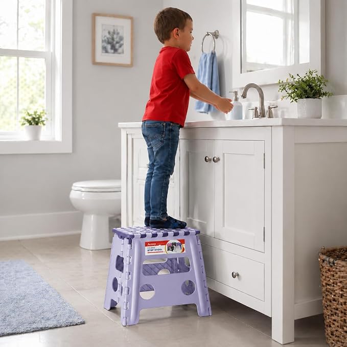 Foldable Step Stool for Adults 13 Inch, 300 lbs, Purple | Lightweight Stepping Stool with Handle and Non-Slip Surface, for Reaching Kitchen Cabinets, Bathroom Shelves and Closets
