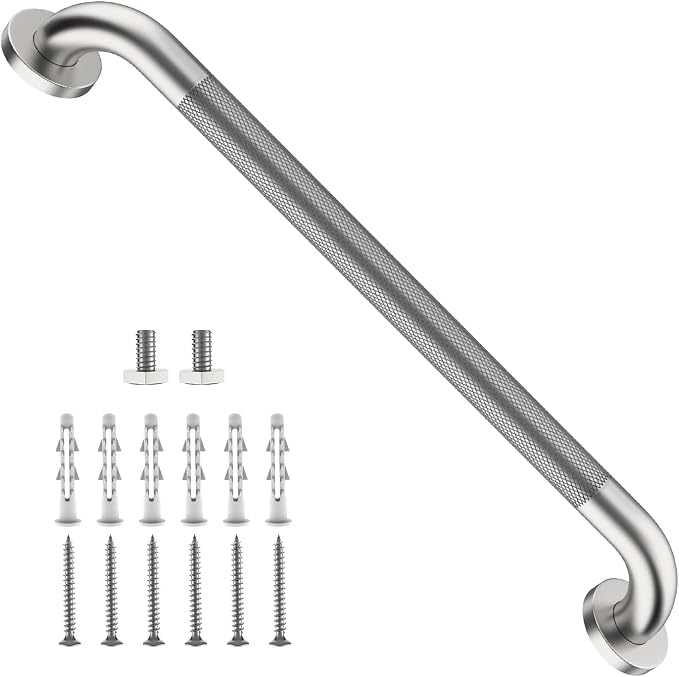 ZUEXT 24 Inch Brushed Nickel Anti Slip Shower Grab Bar with Knurled Grip | Stainless Steel Bathroom Safety Handle, Heavy Duty Wall Mounted, Balance Support Rail for Seniors Disabled, 1.25" Diameter