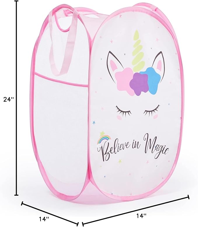 TECHMILLY Collapsible Mesh Pop Up Laundry Hamper with Sturdy Handles and Side Pocket - Portable Foldable Clothes Baskets for Dorm, Bathroom & Travel Storage (Unicorn)
