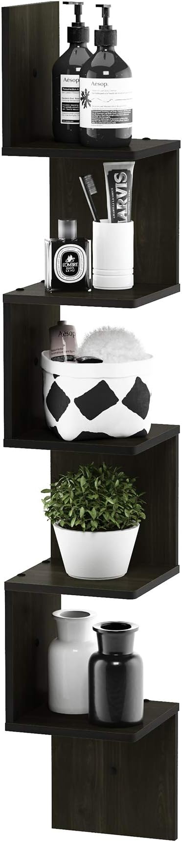 Furinno Rossi Wall Mount Floating Corner Shelf, 5-Tier Square , Espresso