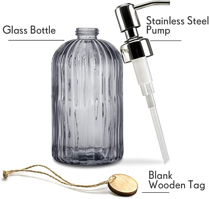 JASAI 18 Oz Kitchen Soap Dispenser with 304 Rust Proof Stainless Steel Pump | Refillable Liquid Soap Dispenser for Bathroom, Kitchen, Hand Soap, Dish Soap (Clear Grey)