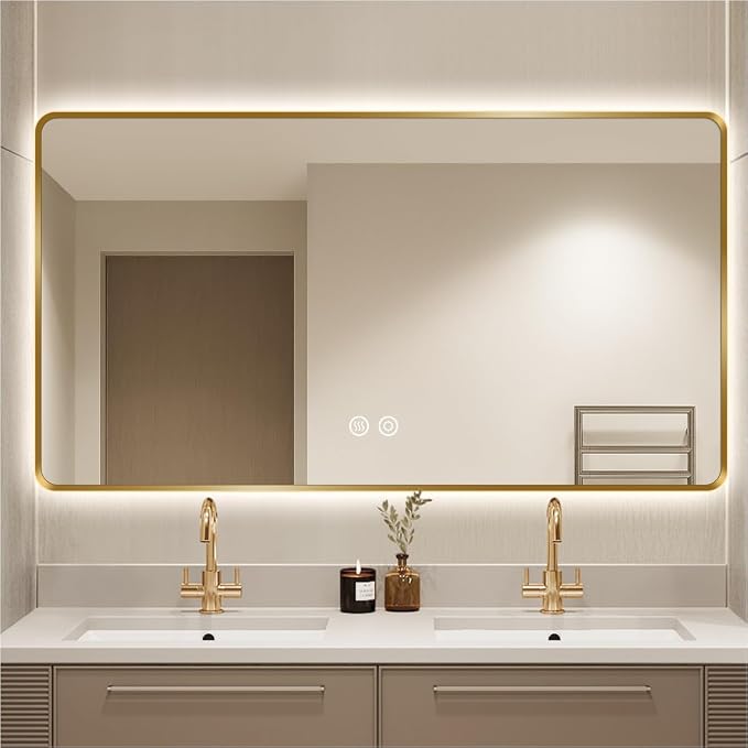 60" x 36" Gold LED Bathroom Mirror with Lights, HD Reflection | Lighted for Vanity, Anti-Fog, 3-Color Stepless Dimmable, Memory, Shatterproof, UL-Listed, Wall Backlit Mirror, Easy Mounting