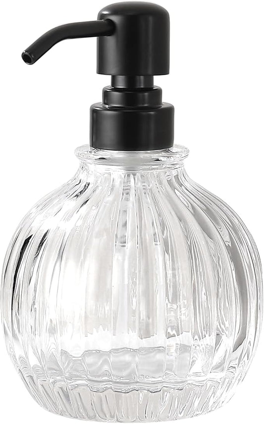 Round Soap Dispenser Bathroom with Black Pump, Glass Pump Bottle with Stainless Steel Pump Liquid Sphere Soap Dispenser Circular Countertop Kitchen