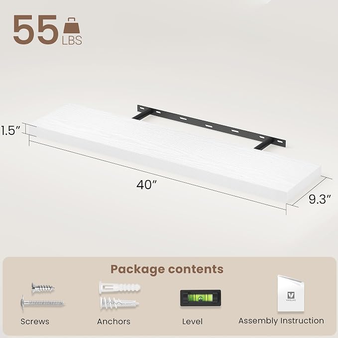 Vivelove Floating Shelves 9 inch Deep 40”Long Set of 2, White | Easy Install With Hardware, 1.5" Thick, Invisible Brackets, Wall Mounted, No Sagging, For Any Room