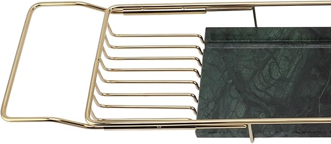 Marhynchus Metal Marble Bathtub Rack, Bathtub Caddy Tray Stainless Steel Shower Caddy Tray with Extending Sides, Bathroom Trays (Gold Green)