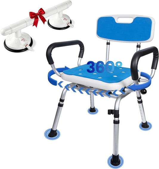 Swivel Shower Chair with Handle 500lbs Capacity Adjustable Arms & Back | 360° Swivel, 5-Level Height Adjust, Non-Slip Feet, Tool-Free Assembly With Extra Suction Bath Grab Bar