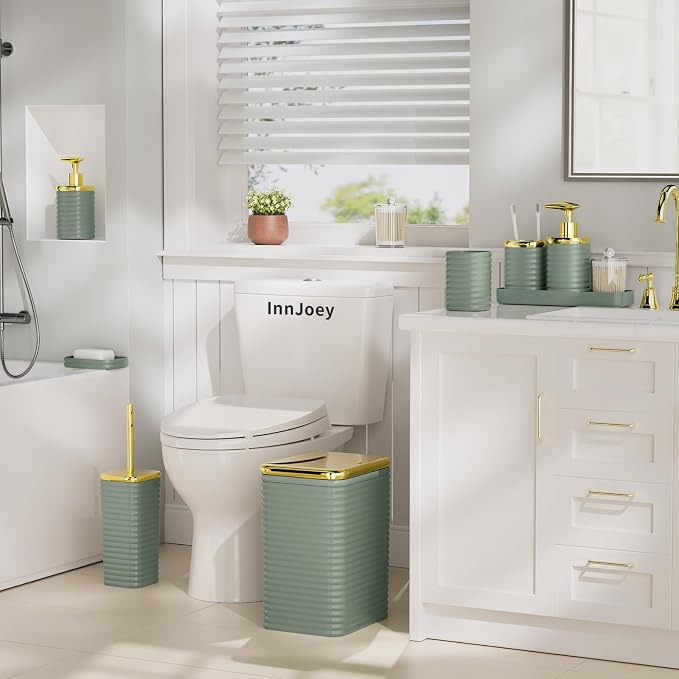 Bathroom Set - 10PC Bathroom Accessory Set, Sage Green Bathroom Set, Luxury Bathroom Accessories Set, Trash Can, Toilet Brush, Soap Dish, Qtip Holder & Soap Dispenser