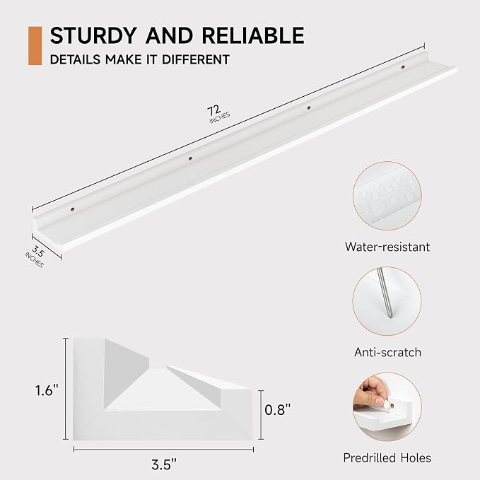Floating Picture Ledge Shelves for Wall Set of 2, 72 Inches Picture Ledge Shelf with Long Large Nursery Book Shelf for Toys Storage Kids Bookshelf Wall Mounted Living Room Bedroom Decor Frames, White