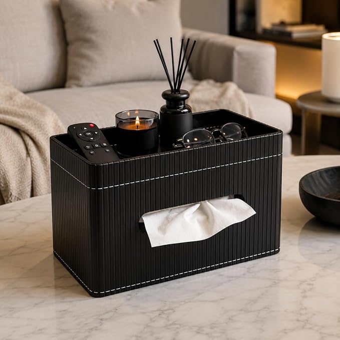 Ribbed PU Leather Tissue Box Cover with Storage Tray, Rectangular Facial Tissue Holder for Bathroom Vanity, Nightstand & Office Desk, Modern Decorative Tissue Dispenser (Matte Black)