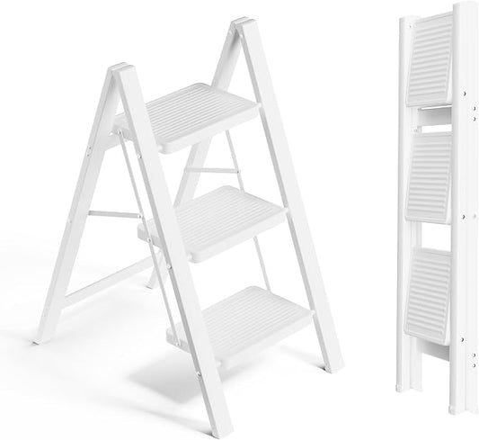 3 Step Ladder, Folding Step Stool, Lightweight Stepladder, White | Anti-Slip 7.9'' Wide Pedal;Space-Saving;For Kitchen, Home, Library, Office Use;300lbs Capacity