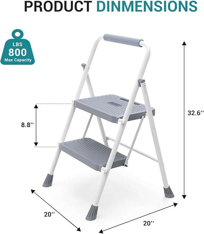 OLIXIS 2 Step Ladder, 800lbs Foldable Step Stool with Anti-Slip Pedal | Heavy Duty Portable Stepping Stool with Sturdy Steel Ladder & Comfortable Handrail, for Kitchen, Garage, Outdoor Use - Grey
