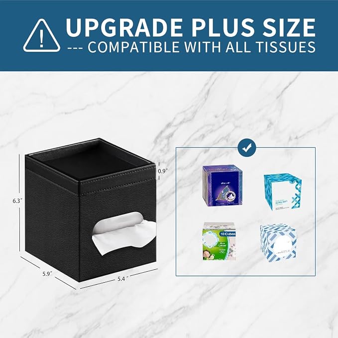 PU Leather Square Tissue Box Cover with Storage Tray - Decorative Organizer for Bathroom Vanity, Night Stands, Office Desk, Bedroom Countertop | Stylish Tissue Holder for Home & Office Décor | PU Leather Side Open Napkin Caddy,Facial Paper Dispenser fo...