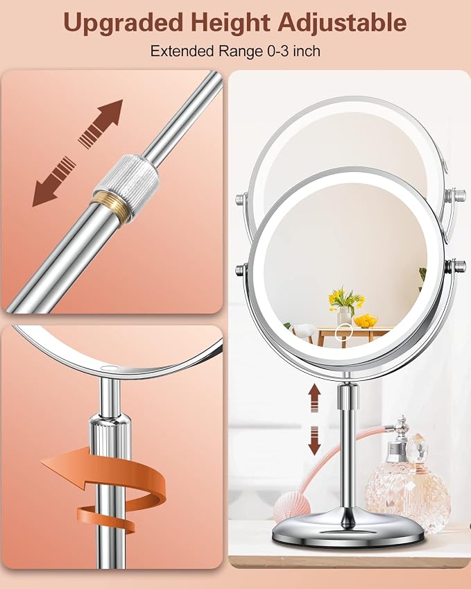 7" Lighted Makeup Mirror with Magnification 10X, Height Adjustable,3 Lights | 1X/10X Magnifying Mirror with Light, Stepless Dimming, 360° Swivel, Rechargeable Vanity Mirror for Desk, LED Standing Mirrors