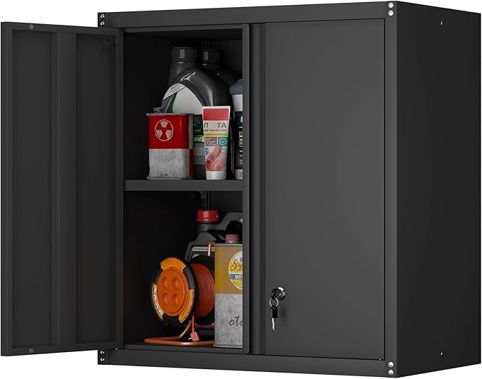Steel Wall Cabinet, Metal Locking Wall Cabinet, Hanging Metal Cabinet for Garage Tool Storage, Wall Mount Tool Cabinet for Garage, Laundry Room, Office, Black