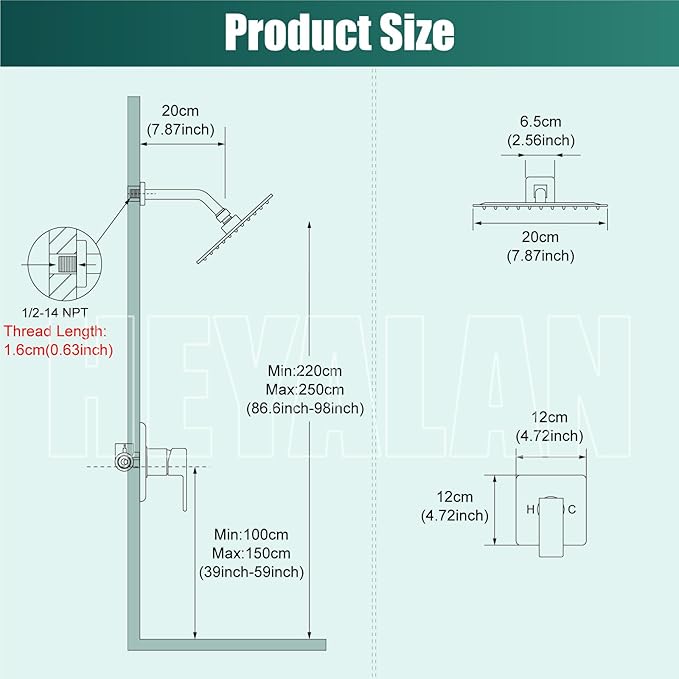 Heyalan 8 Inch Square Rain Shower Faucet Set with Valve, Matte Black