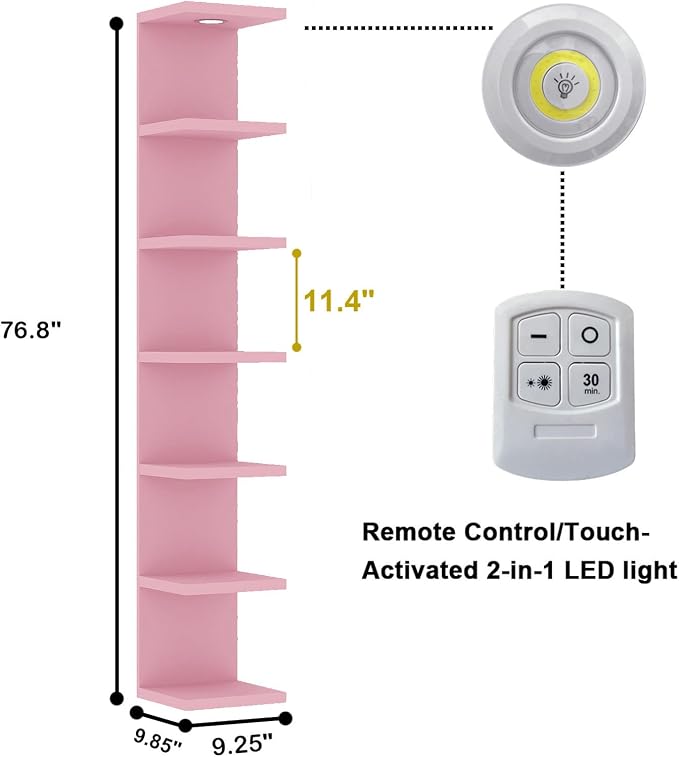 LitaEther Versatile 7 Tier Wall Shelf Unit,Pink Lack Wall Shelf,Display Floating Shelf with LED Remote Control Light