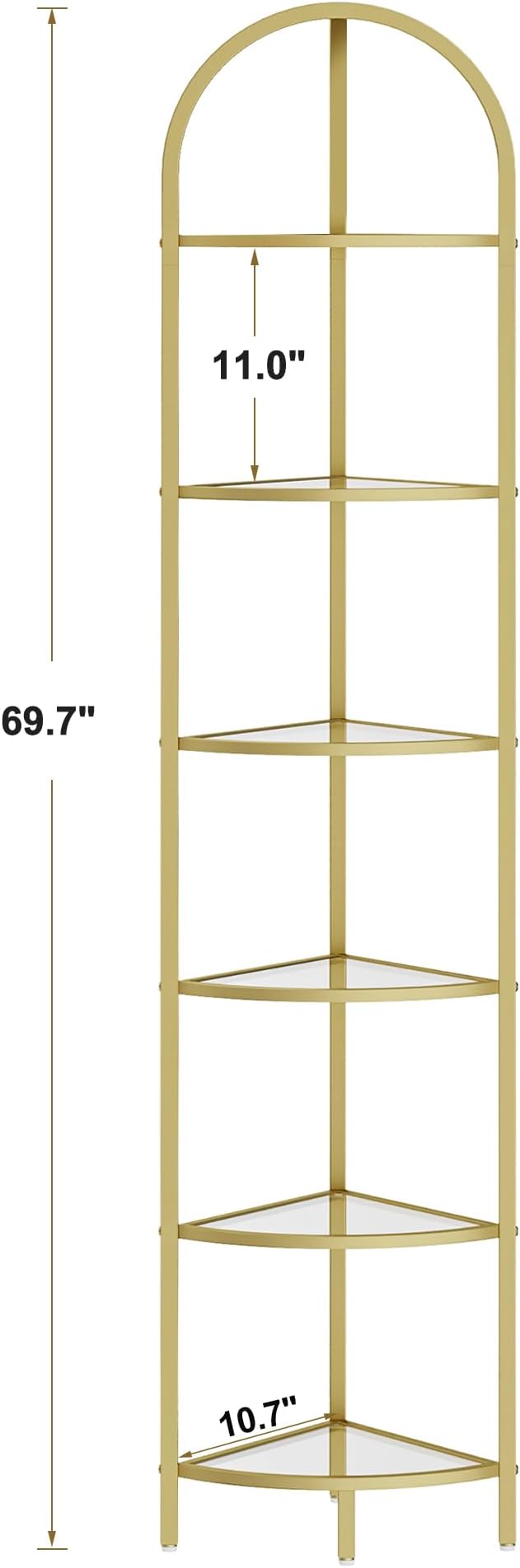 Homhedy 6-Tier Gold Corner Shelf Stand, Metal Corner Bookshelf | Display Shelf, Tempered Glass Shelves, Plant Stand, Storage Rack Shelf for Bedroom, Living Room, Home, Office, Gold