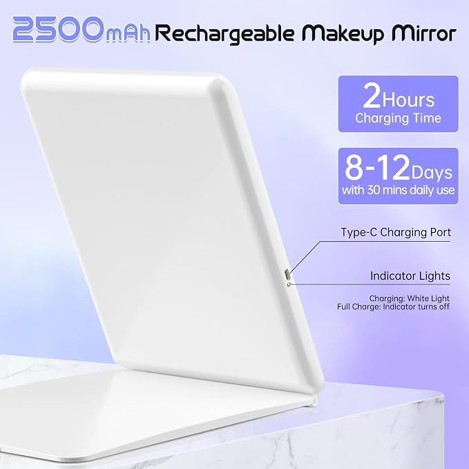 FUNTOUCH 2500mAh Rechargeable Large Travel Makeup Mirror with Lights | 10x7.5 Portable Lighted Makeup Mirror with 3 Color Lights, Dimming Folding Light Up Travel Mirrors with 10X Magnifying Mirror