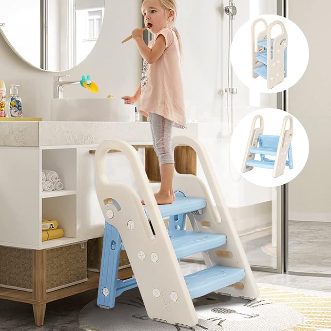 Foldable Toddler Step Stool for Bathroom Sink, Adjustable 3 Step Stool for Kids Toilet Potty Training Stool with Handles, Child Kitchen Counter Stool Helper, Plastic Ladder for Toddlers Blue