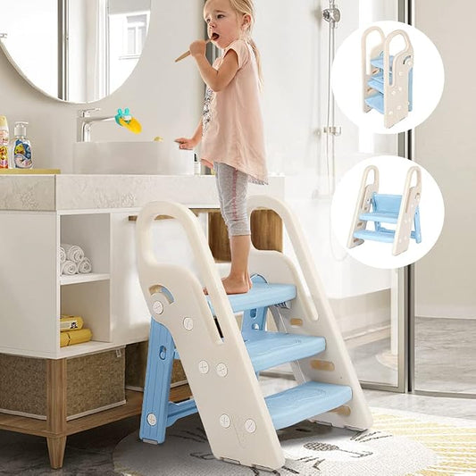 Foldable Toddler Step Stool for Bathroom Sink, Adjustable 3 Step Stool for Kids Toilet Potty Training Stool with Handles, Child Kitchen Counter Stool Helper, Plastic Ladder for Toddlers Blue