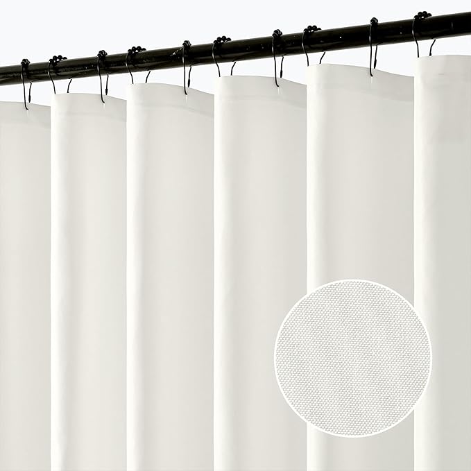 ANRODUO White Linen Textured Fabric Shower Curtain Set - W72xL84 | Farmhouse Shower Curtain with 12 Metal Hooks, Waterproof Heavy Duty, Button Hole Design, Machine Washable for Bathroom