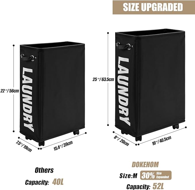 DOKEHOM 25" Slim Rolling Laundry Basket Hamper, Narrow on Wheels, Black | Collapsible narrow laundry hamper with mesh drawstring closure. Foldable corner clothes storage bin for small spaces