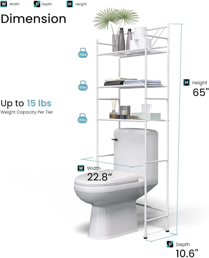 Home Zone Living Over-the-Toilet Bathroom Storage Cabinet Organizer | Freestanding Steel Frame Design with 3-Tier Shelves and Adjustable Feet, White