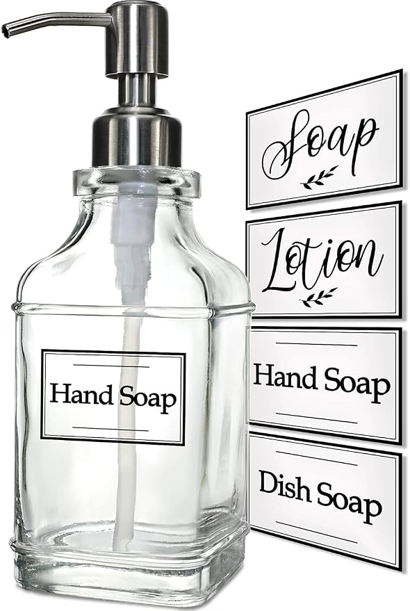 JASAI Antique Design Soap Dispenser with Rust Proof 304 Stainless Steel Pump, Refillable Glass Soap Dispenser with 10Pcs Clear Stickers, Premium Kitchen & Bathroom Soap Dispenser | Refillable Glass Soap Dispenser with 10Pcs Clear Stickers, Premium Kitc...