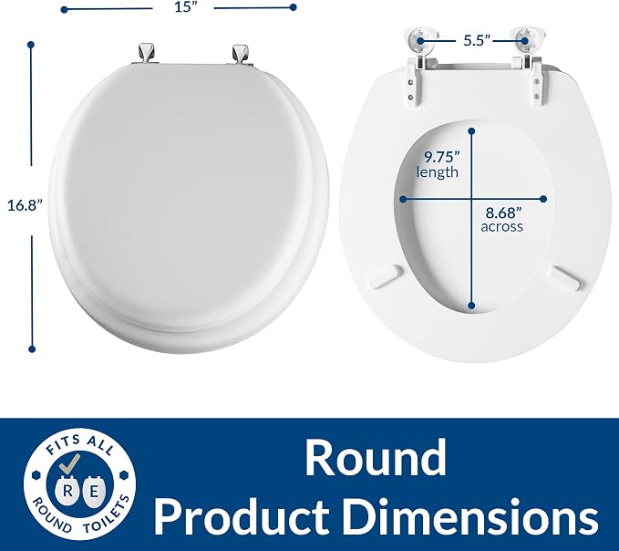 Mayfair Padded Toilet Seat with Chrome Hinges, Soft Vinyl over Wood Core Seat, Made in USA, Round, White (Pack of 2)