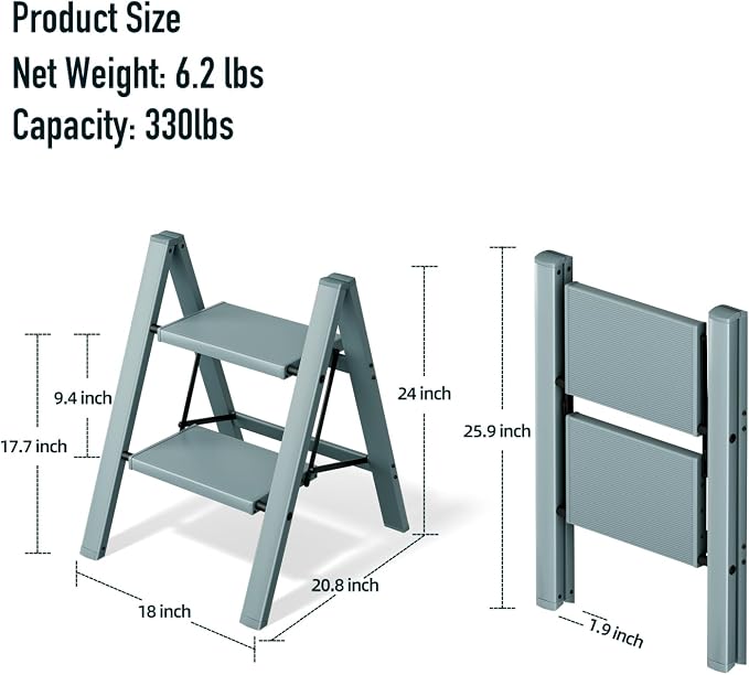 Mayi Plus 2 Step Stool Foldable, Aluminum, Lightweight Step Ladder | Extra-wide anti-slip folding steps with 330 lbs, for home,kitchen,office,outdoor,Blue