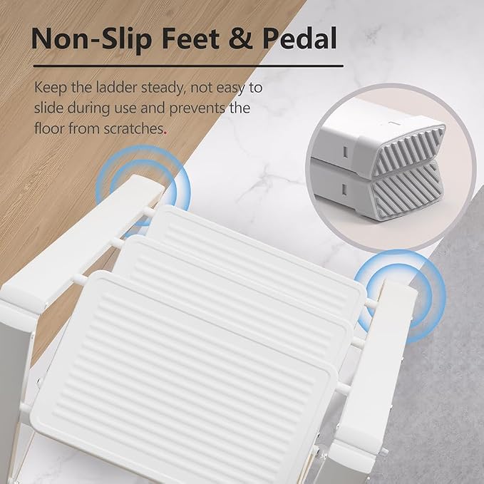 3 Step Ladder, Folding Step Stool, Lightweight Stepladder, White | Anti-Slip 7.9'' Wide Pedal;Space-Saving;For Kitchen, Home, Library, Office Use;300lbs Capacity