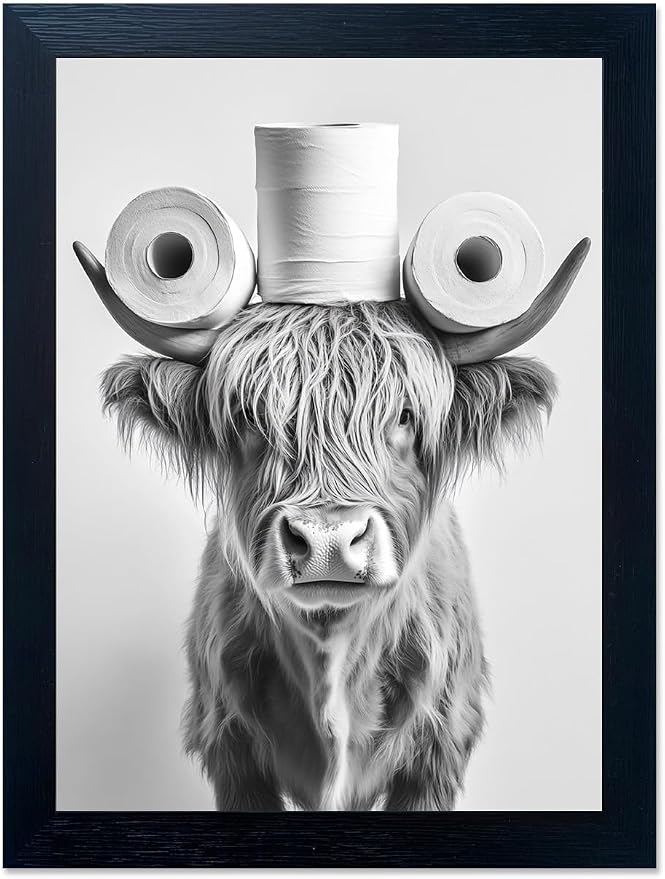 Funny Highland Cow Bathroom Wall Art with Toilet Paper on Head, Humorous Farmhouse Sign for Bathroom Decor, Rustic Black Framed Canvas Print for Restroom Toilet, Ready to Hang 11"x14"