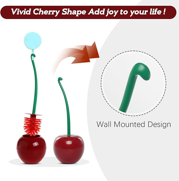 Cherry Toilet Brush with Holder Bowl&Long Handle, Bathroom Cleaning | Red Cherry Shape/ Household Bathroom Cleaner with Base/ Easy to Store/ Thick Bristles/ Deep Clean/ Rust-Resistant & Leakproof