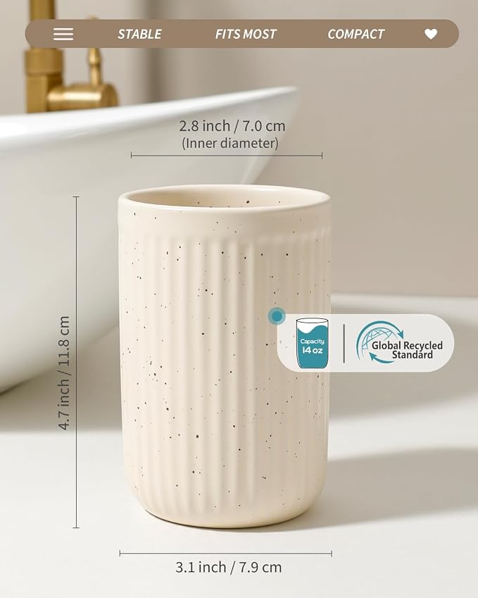 BosilunLife Ceramic Toothbrush Holder - 12oz Bathroom Toothbrush Holder Tooth Brush Holders Tumbler Cups Reusable Toothbrush Mouthwash Cup Small Toothbrush and Toothpaste Holder, Striped Apricot