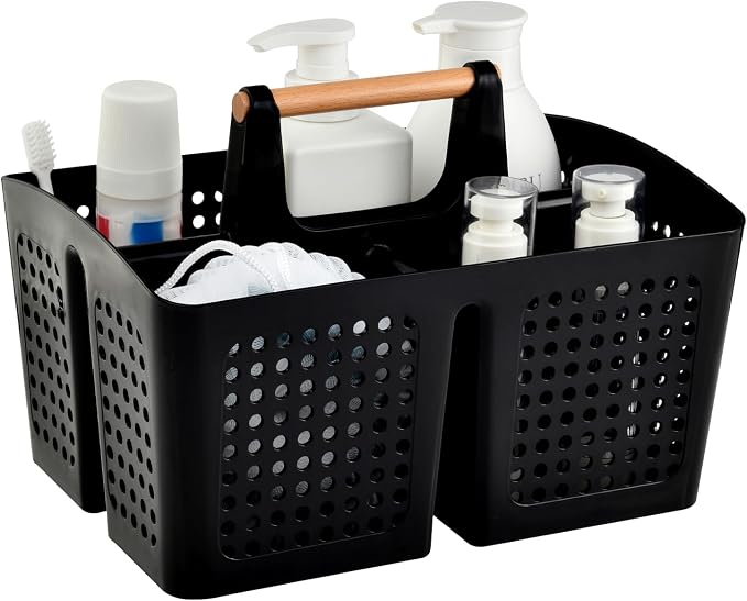 Portable Shower Caddy Basket with 3 Compartments and Handle, Black | Plastic Divided Cleaning Caddy Organizer for Bathrooms, Dorm Rooms, Gyms, Laundry Rooms, Garages and RV Storage