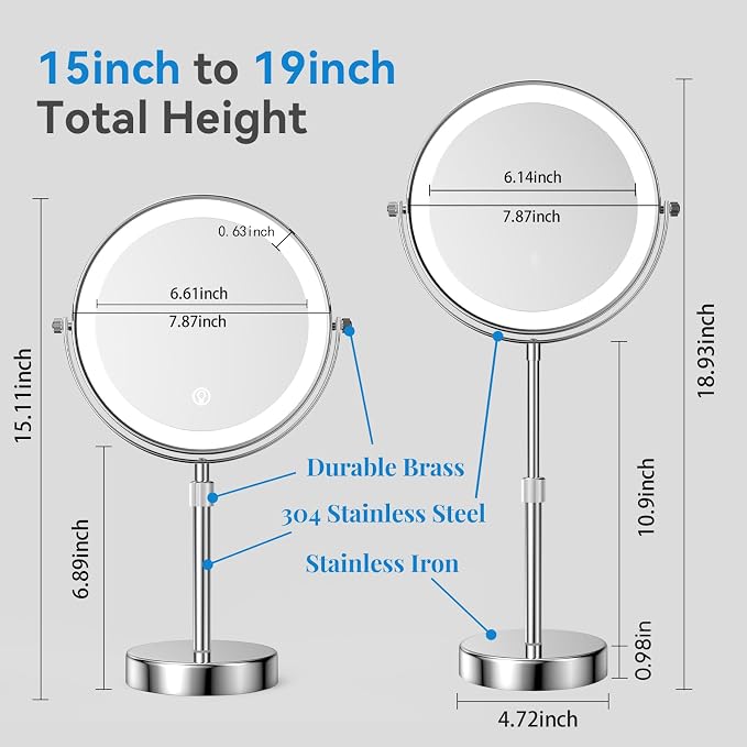Nicesail LED Lighted Makeup Mirror Tabletop, 10X Magnifying Mirror with 3 Color Lights, Brightness Adjustable Height, Light up for Desk Make up Vanity Table, Double Sided Chrome Finish (8 Inch, 10X)