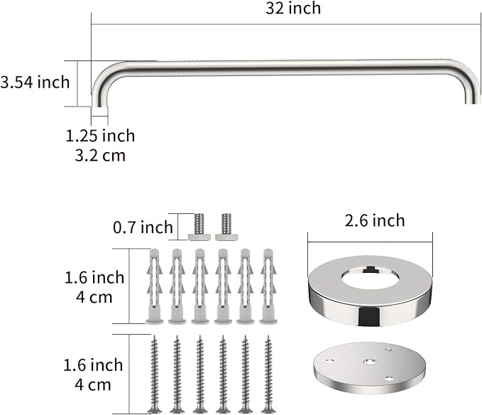 2 Pack 32 Inch Shower Grab Bar, ZUEXT SUS304 Stainless Steel Chrome Bathroom Grab Bar Handle, Shower Balance Bar, Safety Hand Rail Support, Handicap Elderly Senior Assist Bath Handle(1.25" Diameter)