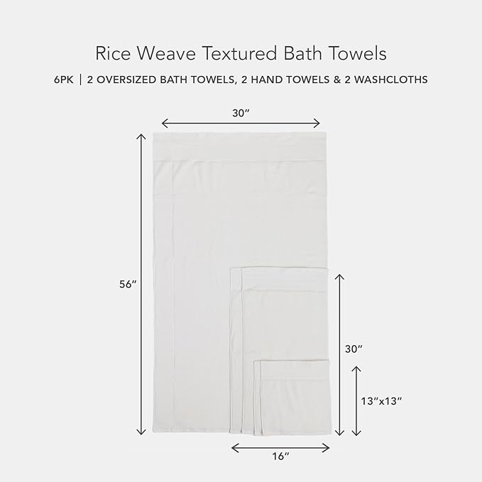Texere 100% Organic Cotton Rice Weave Jacquard Luxury Bath Towel Sets - Soft and Absorbent Hotel and Spa Quality - 2 Large Bath Towels, 2 Hand Towels, 2 Washcloths (Rice Weave, Cream, 6 Piece)