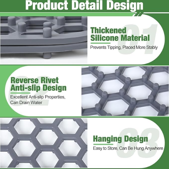 Sink Protectors Mat - 17.95"x12.4" Kitchen Sink Pad for Bottom of Basin for Protection of Stainless Steel and Tableware, Farmhouse Rubber Basin Mat Protector with Center Drain - Light Gray