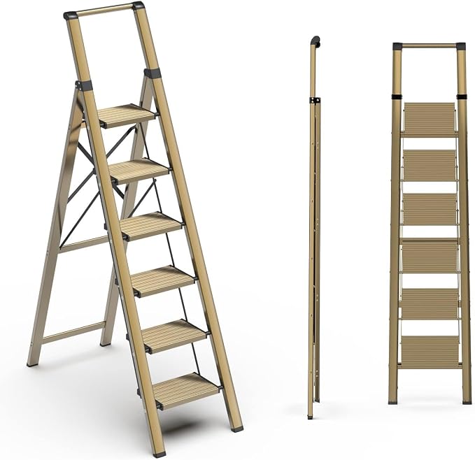 6 Step Ladder, Folding Step Stool, Lightweight Stepladder, Gold | Reach 12ft;Anti-Slip 7.9'' Wide Pedal;Portable Handrail;Space-Saving;For Kitchen, Home, Library, Office Use;300lbs Capacity