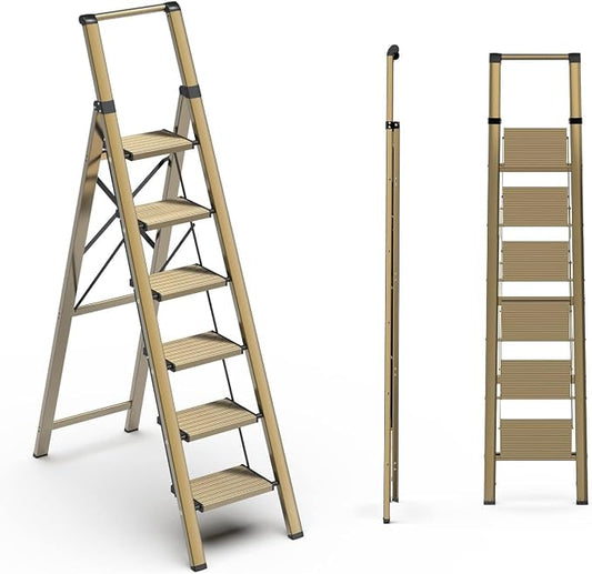 6 Step Ladder, Folding Step Stool, Lightweight Stepladder, Gold | Reach 12ft;Anti-Slip 7.9'' Wide Pedal;Portable Handrail;Space-Saving;For Kitchen, Home, Library, Office Use;300lbs Capacity